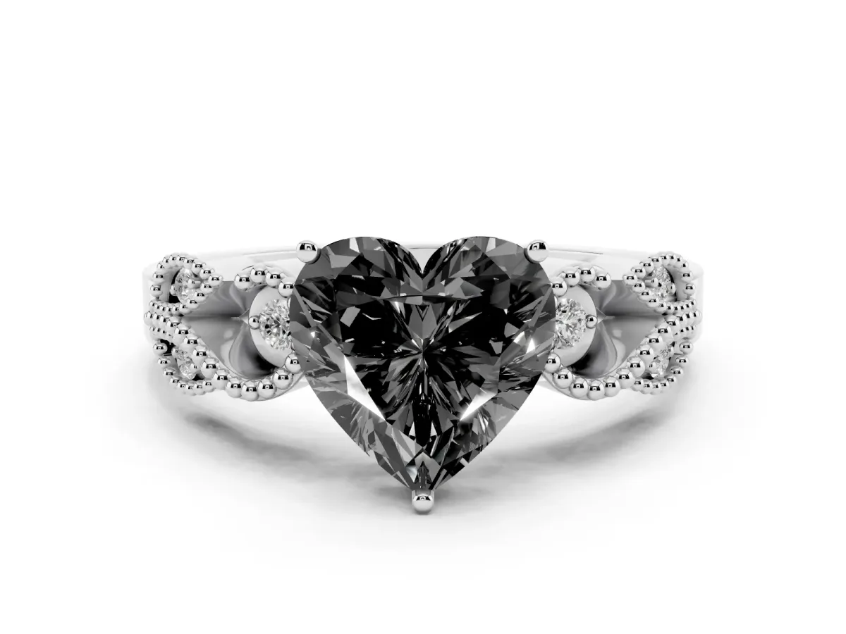 Fancy Black Heart Cut Solitaire Milgrain Leaf Band with Prong Setting Silver