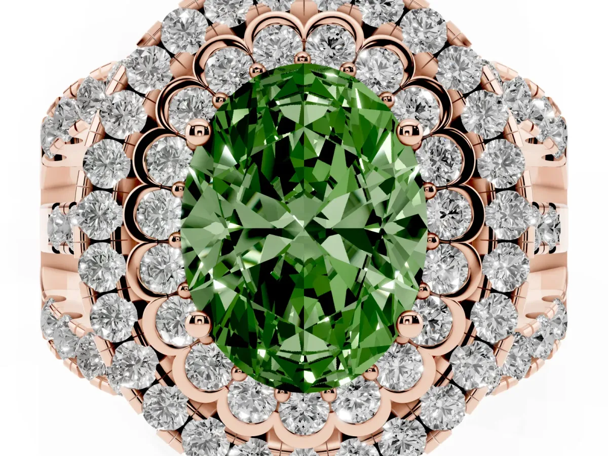 Fancy Green Oval Cut Diamond Double Halo Ring with Round Pavé Split Shank and Prong Setting Rose gold