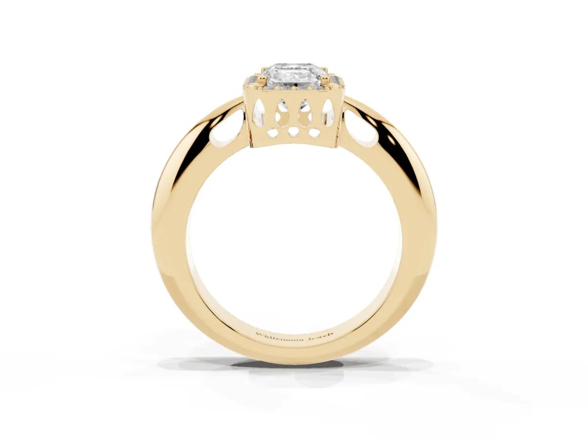 Emerald Cut Cut Diamond Halo Engagement Ring with Split Shank and Four-Prong Setting Yellow gold