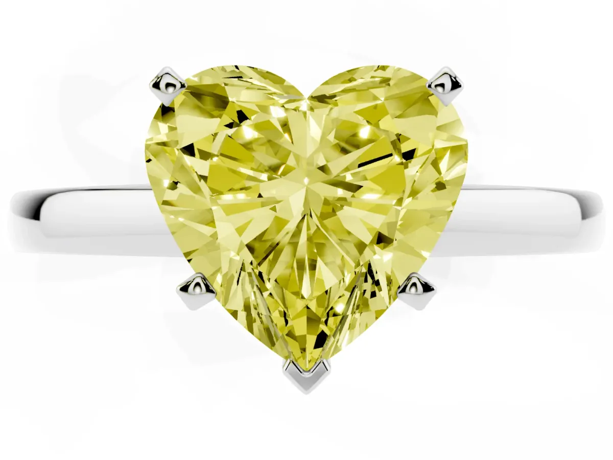 Fancy Yellow Heart Cut Solitaire Diamond Engagement Ring with Four-Prong Setting on a Classic Band Platinum