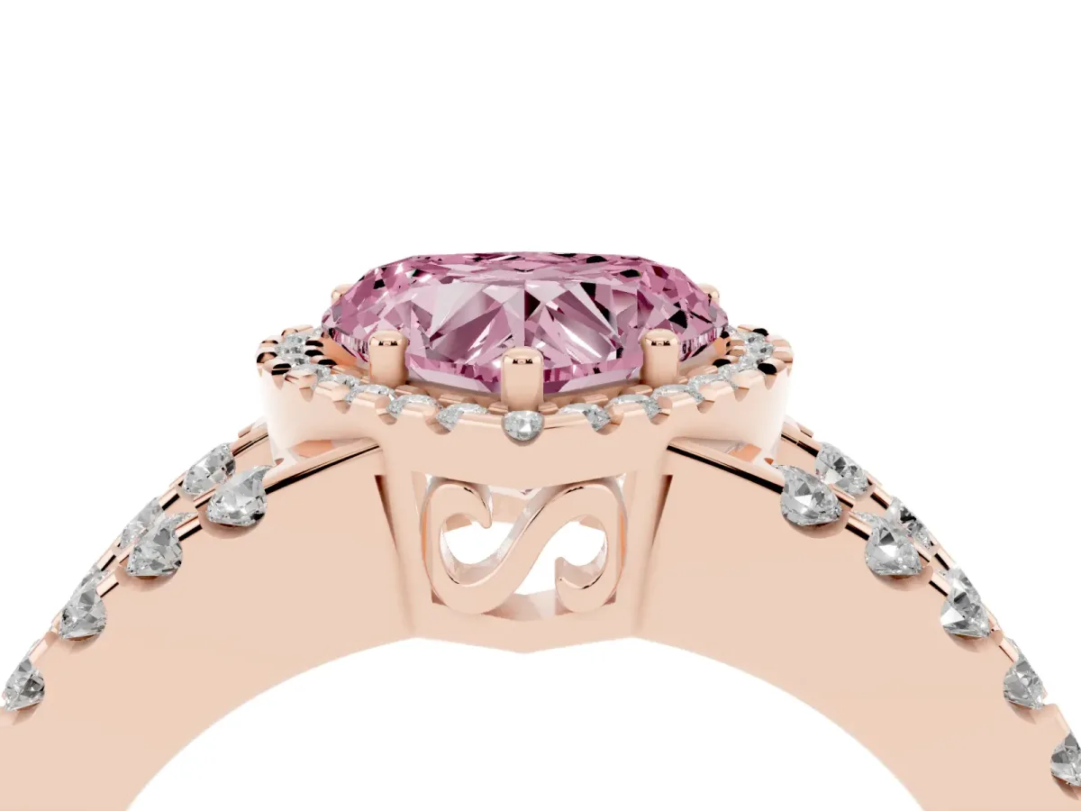 Fancy Pink Heart Cut Cut Halo Split Shank Diamond Ring with Four-Prong Setting Rose gold