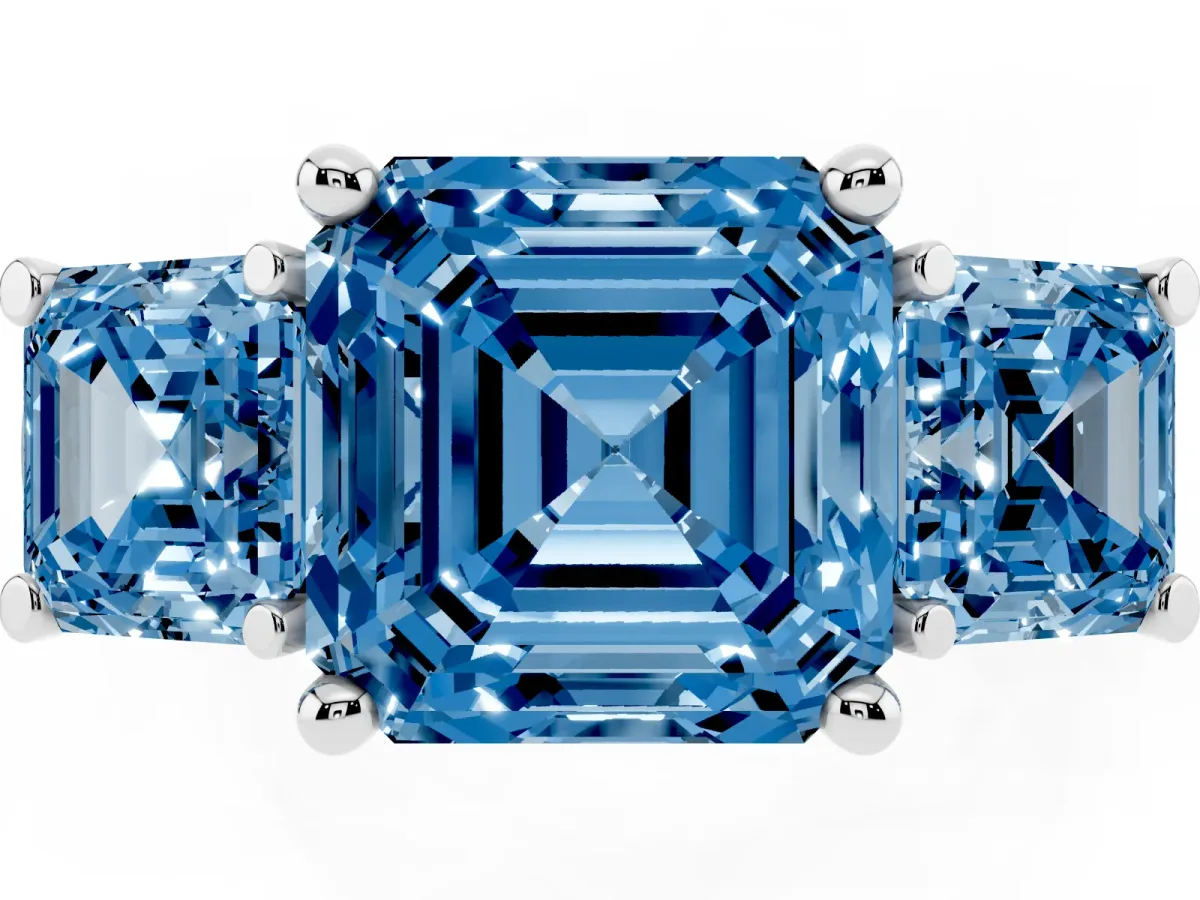 Fancy Blue Three-Stone Asscher Cut Brilliant Diamond Trellis Ring with Comfort Fit Band Silver