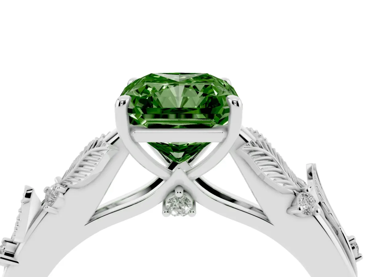 Fancy Green Radiant Cut Diamond Solitaire Ring with Leaf Motif Band and Four-Prong Setting Silver