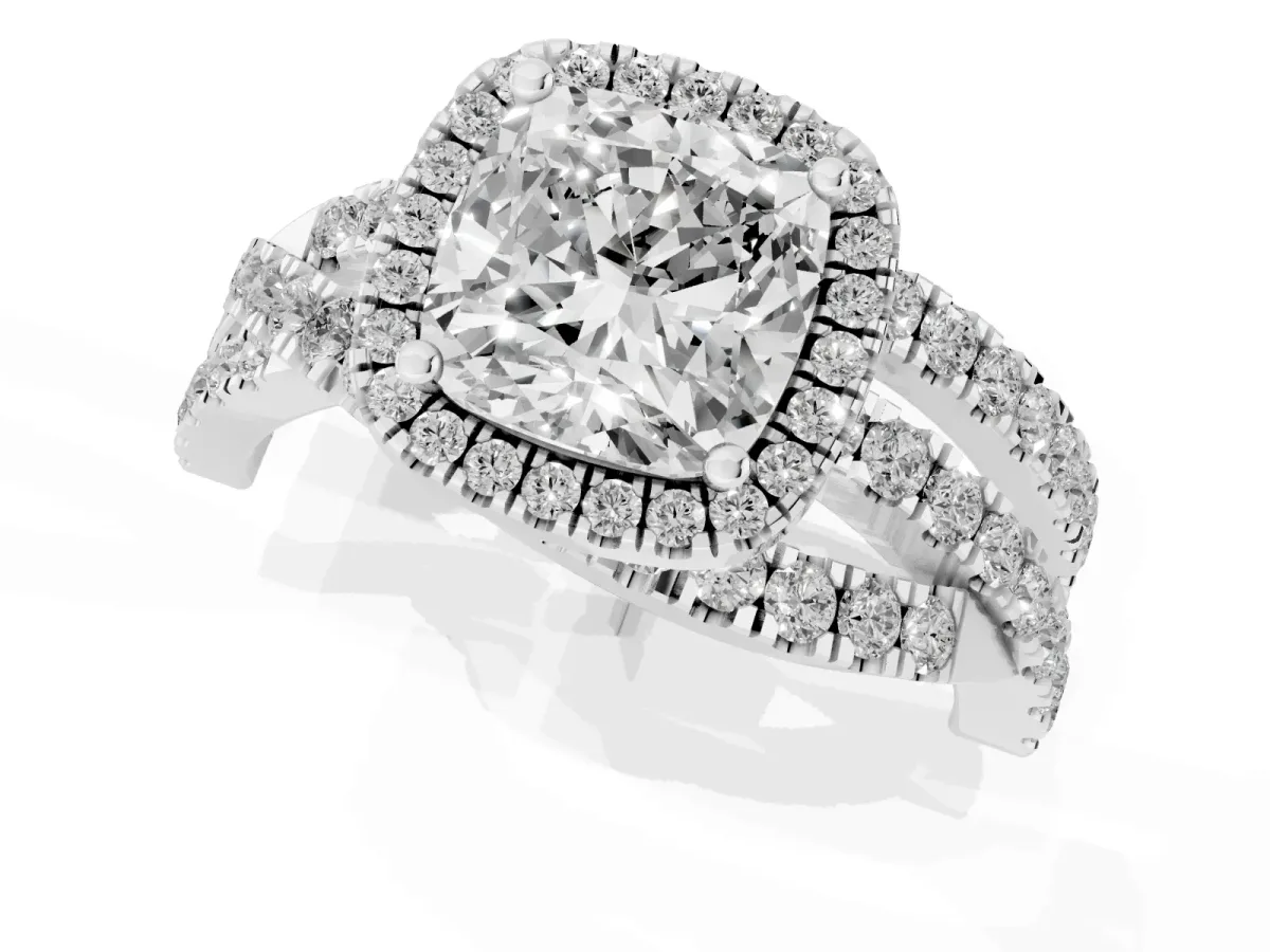 Cushion Cut Diamond Halo Ring with Round Split Shank and Prong Setting Platinum