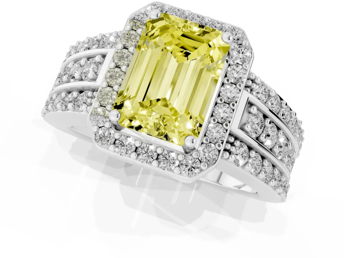 Fancy Yellow Emerald Cut Halo Diamond Ring with Round Split Shank and Prong Setting Silver