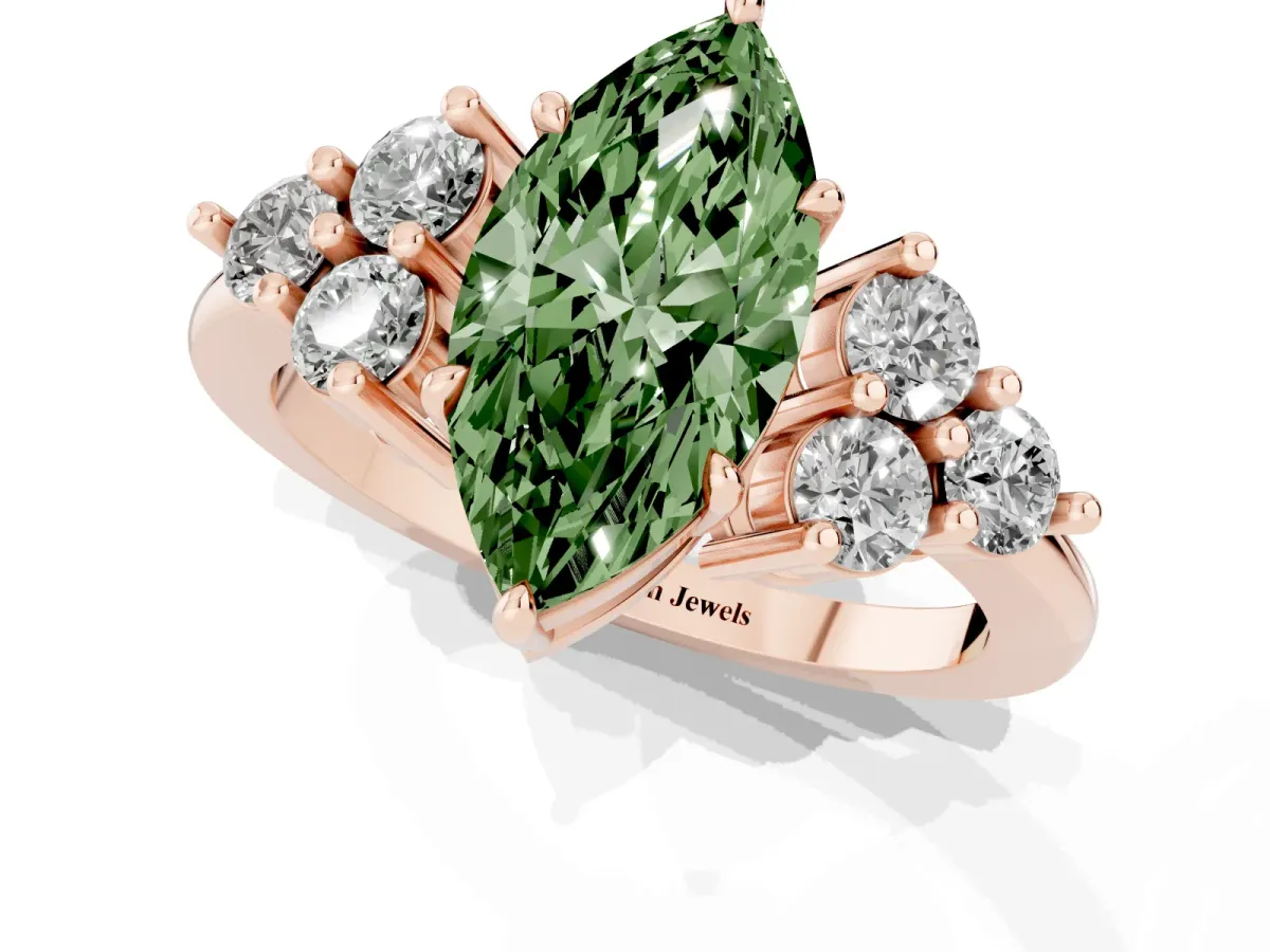 Fancy Green Marquise Cut Brilliant Diamond Cluster Accent Solitaire Ring with Prong Setting Rose gold