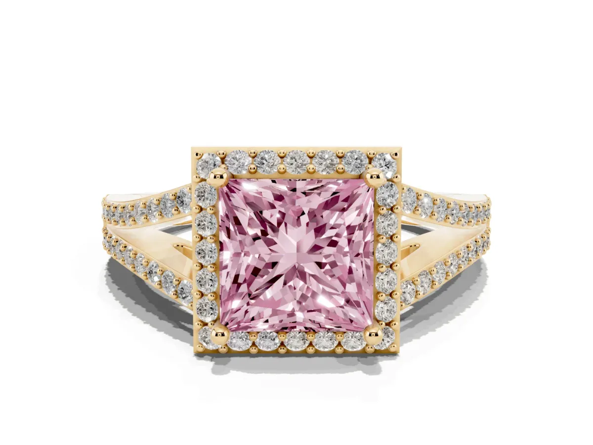 Fancy Pink Princess Cut Halo Split Shank Pave Diamond Ring with Four-Prong Setting Yellow gold