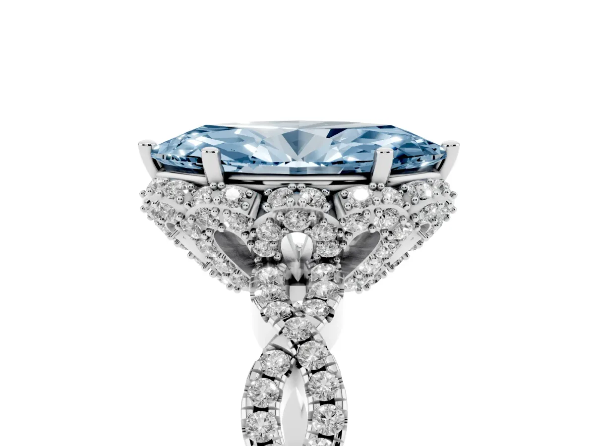 Fancy Blue Marquise Cut Halo Twist Band Solitaire Ring with Six-Prong Setting Silver