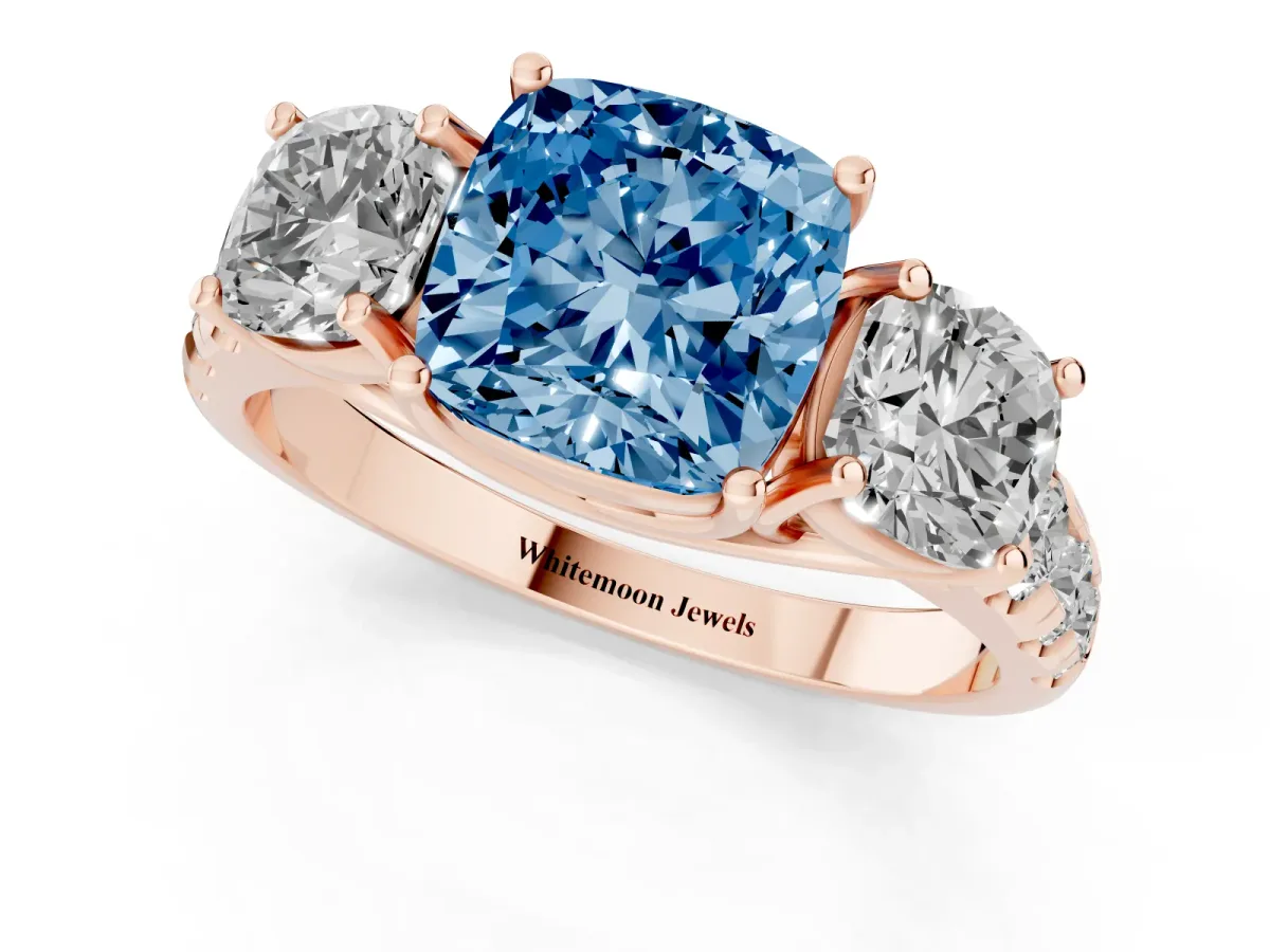 Fancy Blue Three-Stone Cushion Cut Diamond Pavé Band with Prong Setting Rose gold