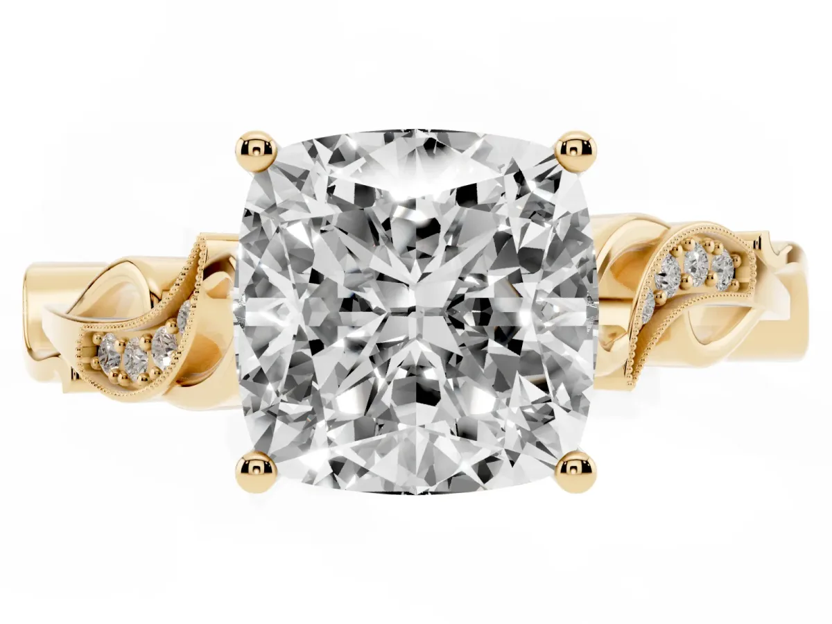 Cushion Cut Solitaire Vine Band with Milgrain Prong Setting Yellow gold