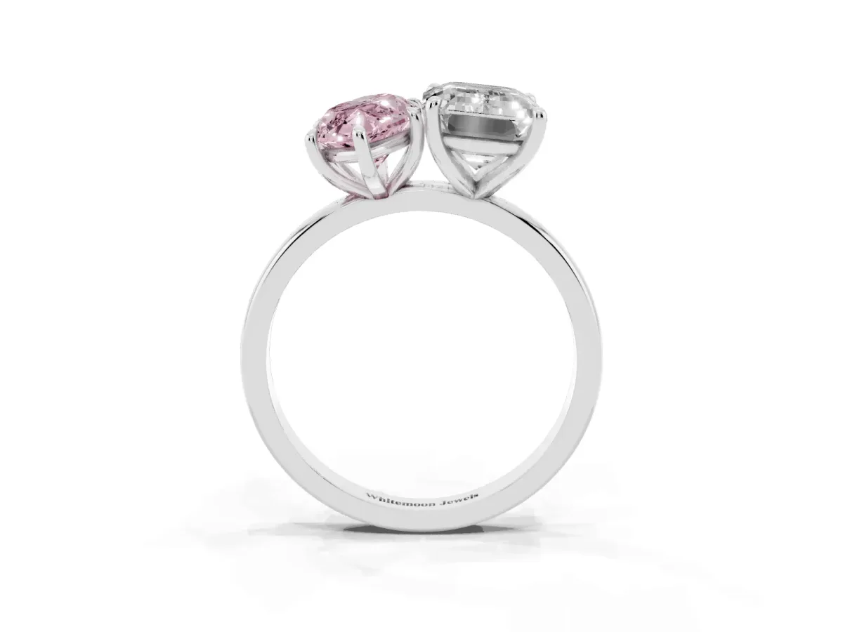 Fancy Pink Marquise Cut and Emerald Cut Toi Moi Ring with Prong Setting Silver