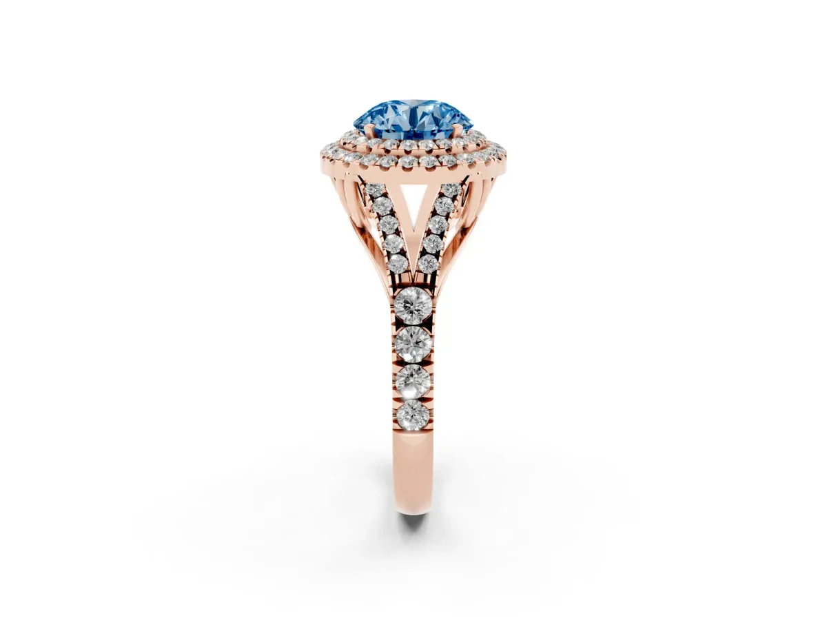 Fancy Blue Double Halo Round Cut Diamond Split Shank Engagement Ring with Four-Prong Setting Rose gold