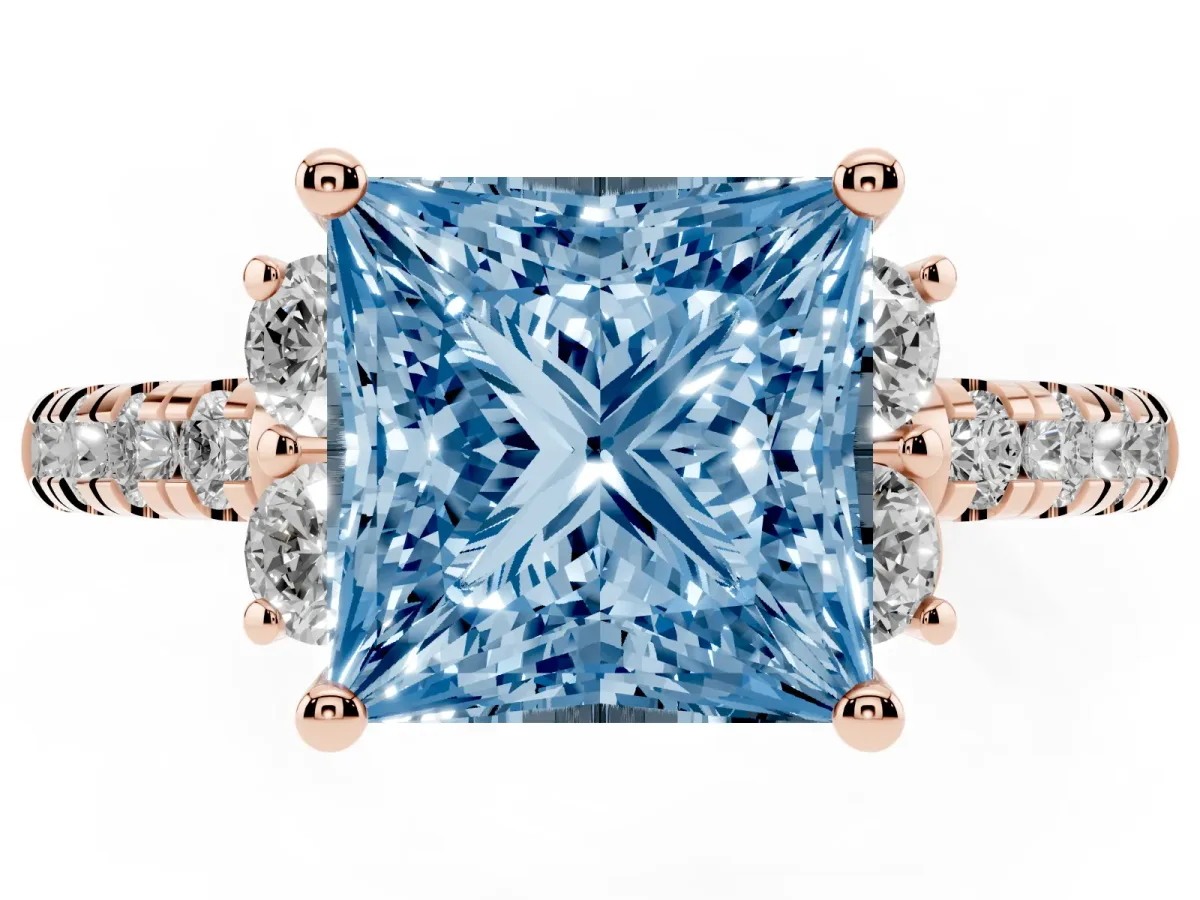 Fancy Blue Princess Cut Diamond Three-Stone Pave Band with Four-Prong Setting Rose gold