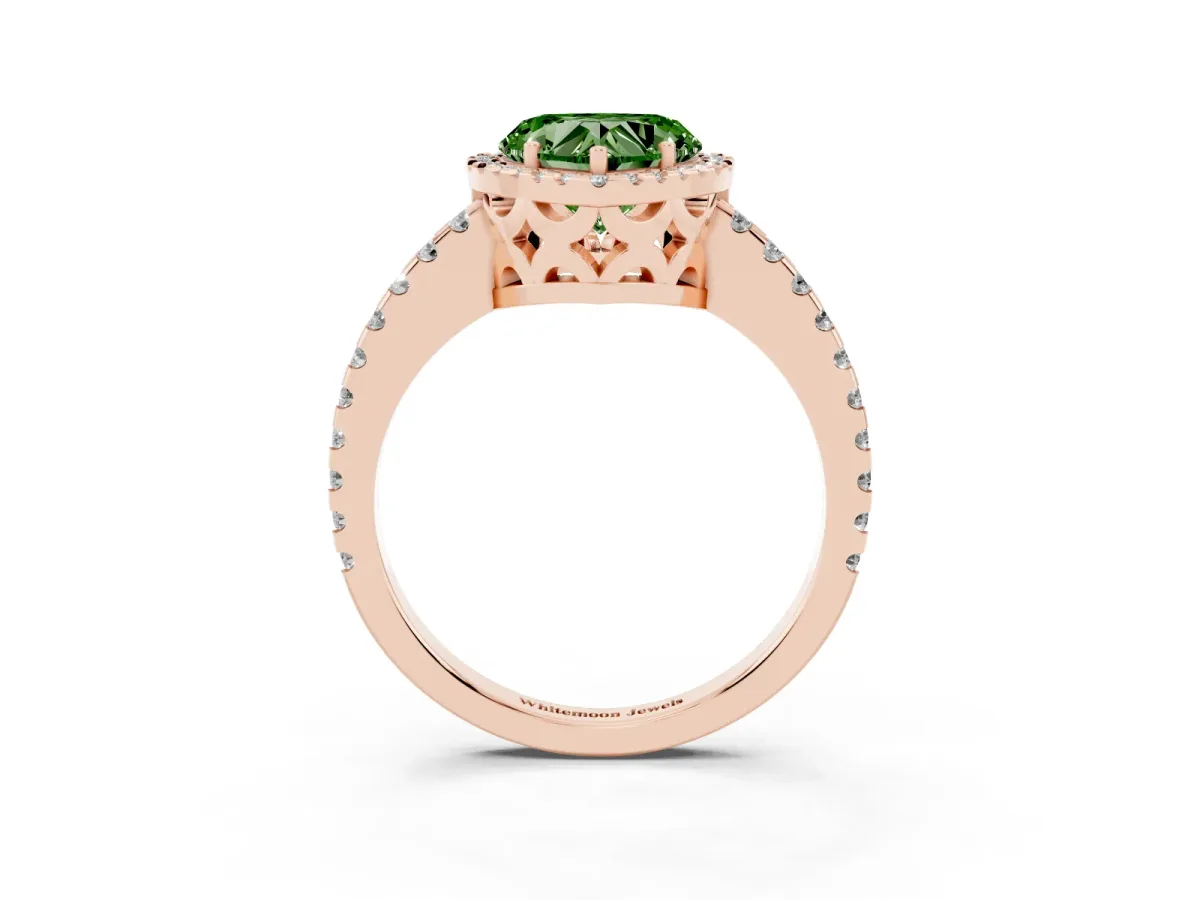 Fancy Green Heart Cut Diamond Halo Engagement Ring with Pavé Band and Prong Setting Rose gold