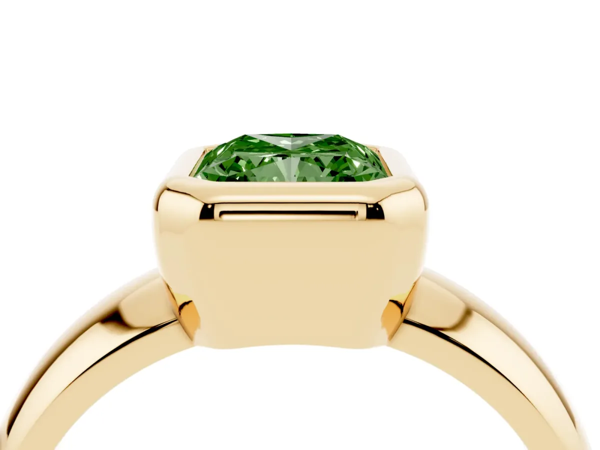 Fancy Green Bezel Set Radiant Cut Solitaire Ring with Wide Band Yellow gold