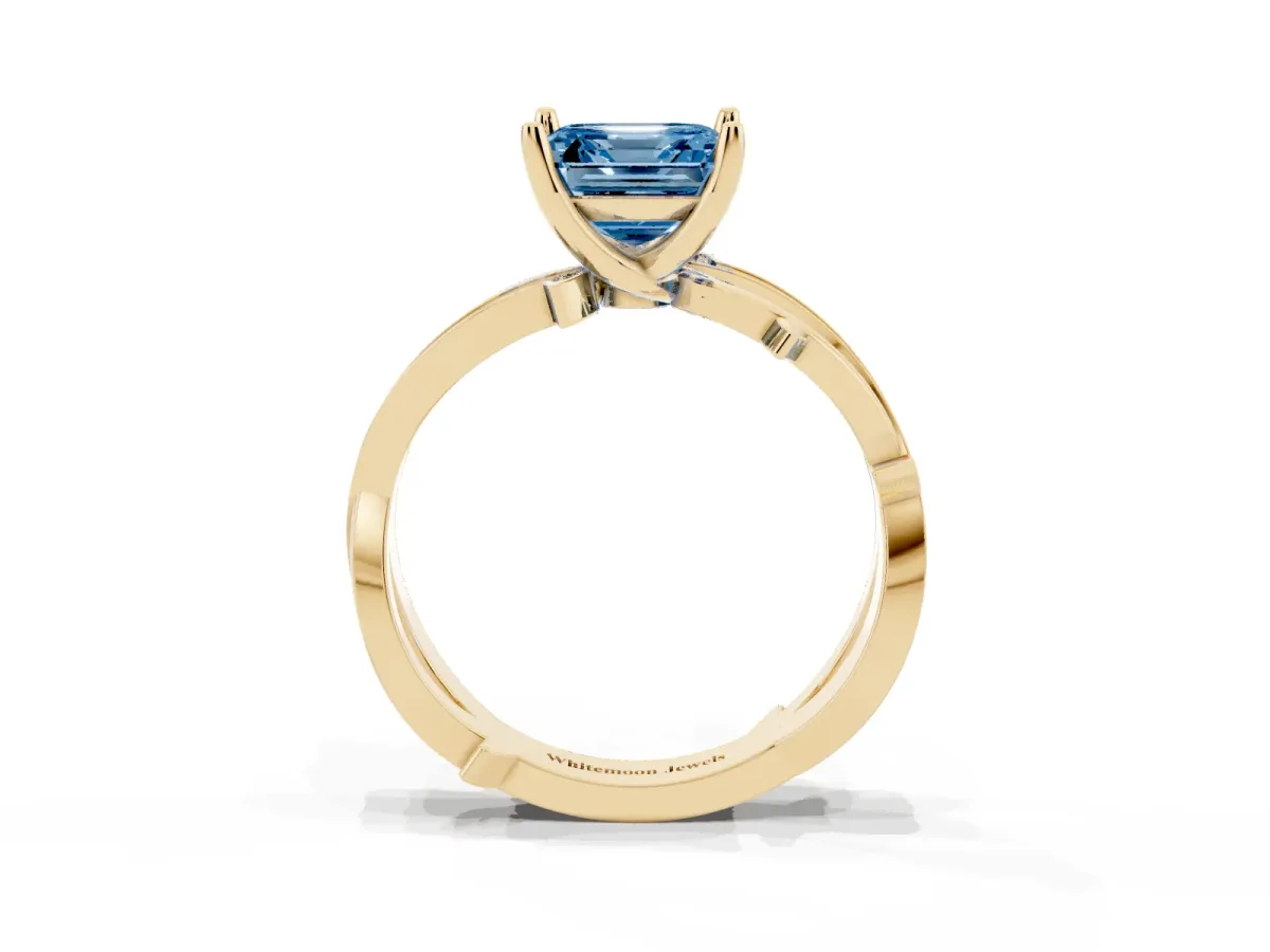 Fancy Blue Asscher Cut Solitaire Twist Band with Pavé Accents and Four-Prong Setting Yellow gold