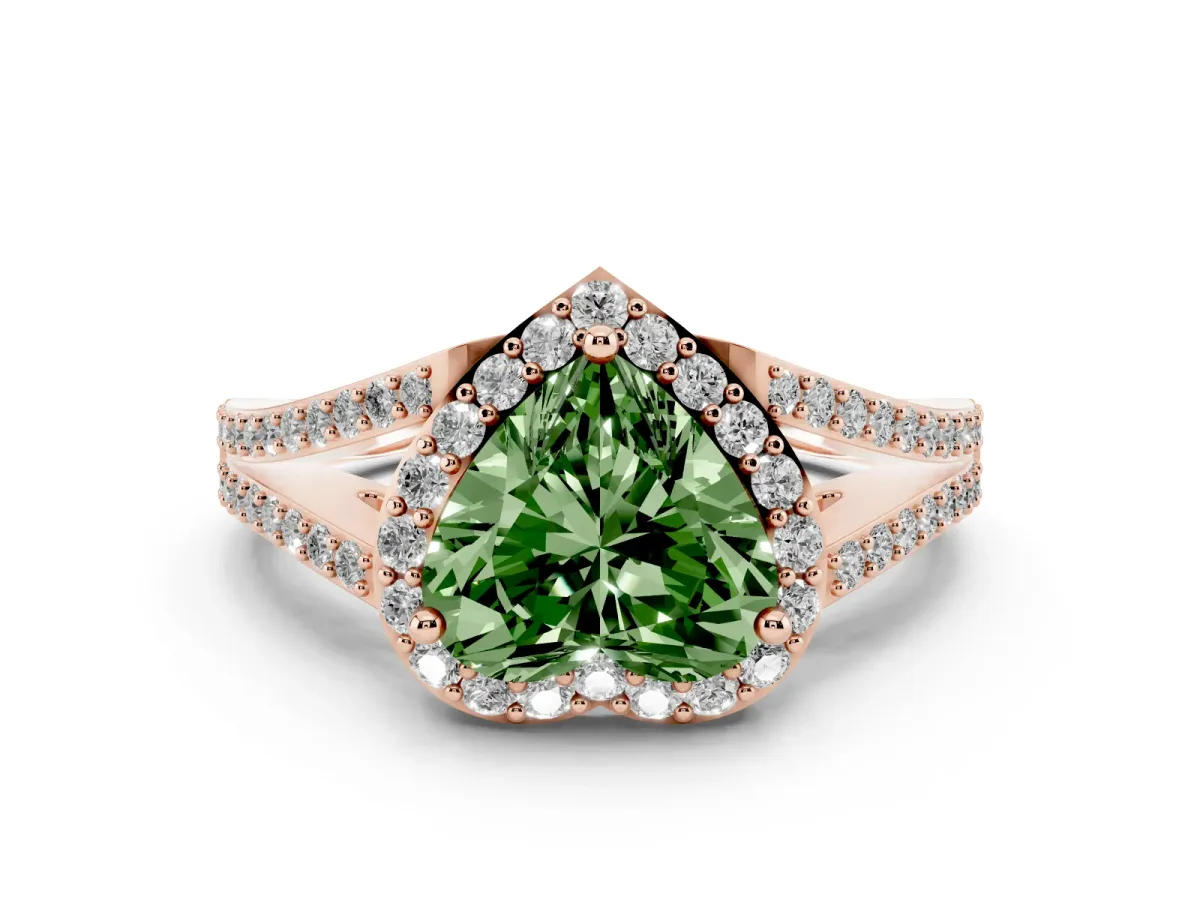 Fancy Green Heart Cut Halo Split Shank Pave Diamond Ring with Four-Prong Setting Rose gold
