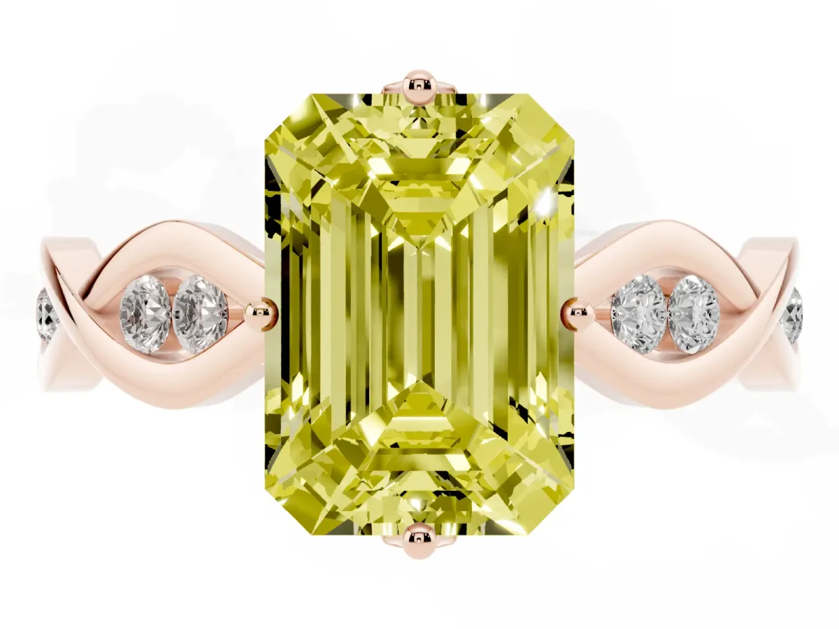 Fancy Yellow Emerald Cut Solitaire Twist Band with Leaf Prong Setting Rose gold