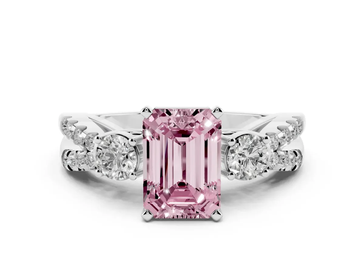 Fancy Pink Emerald Cut Diamond Three-Stone Ring with Pavé Split Shank and Four-Prong Setting Silver