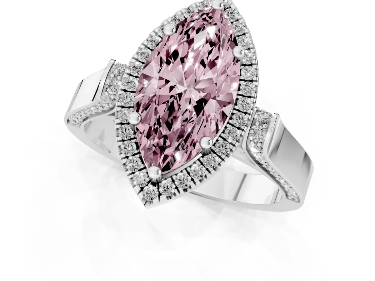 Fancy Pink Marquise Cut Halo Round Diamond Twist Band with Four-Prong Setting Silver