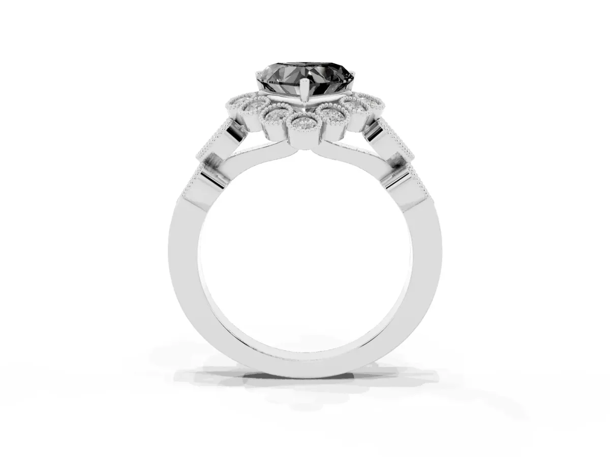 Fancy Black Heart Cut Brilliant Milgrain Pave Heart Band Solitaire Ring White gold