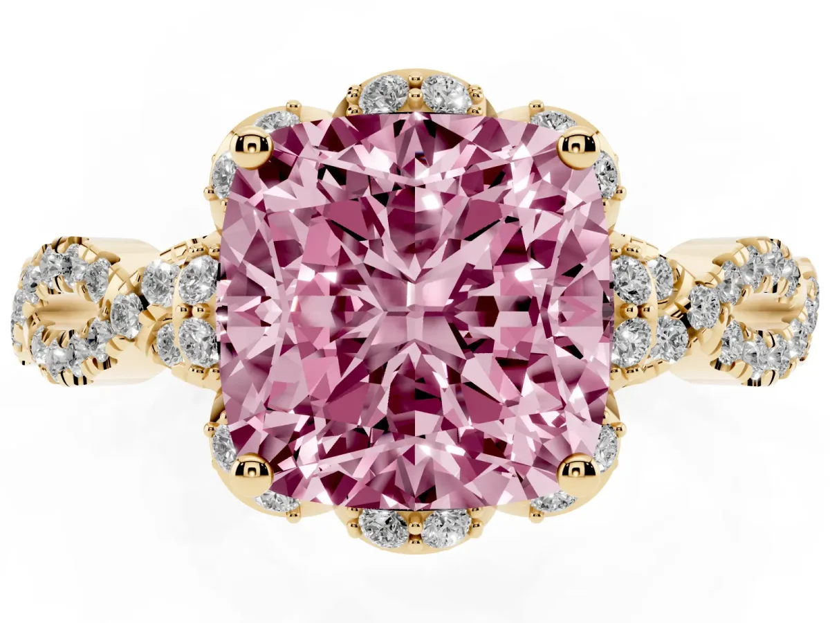 Fancy Pink Cushion Cut Halo Twist Band Solitaire Ring with Six-Prong Setting Yellow gold