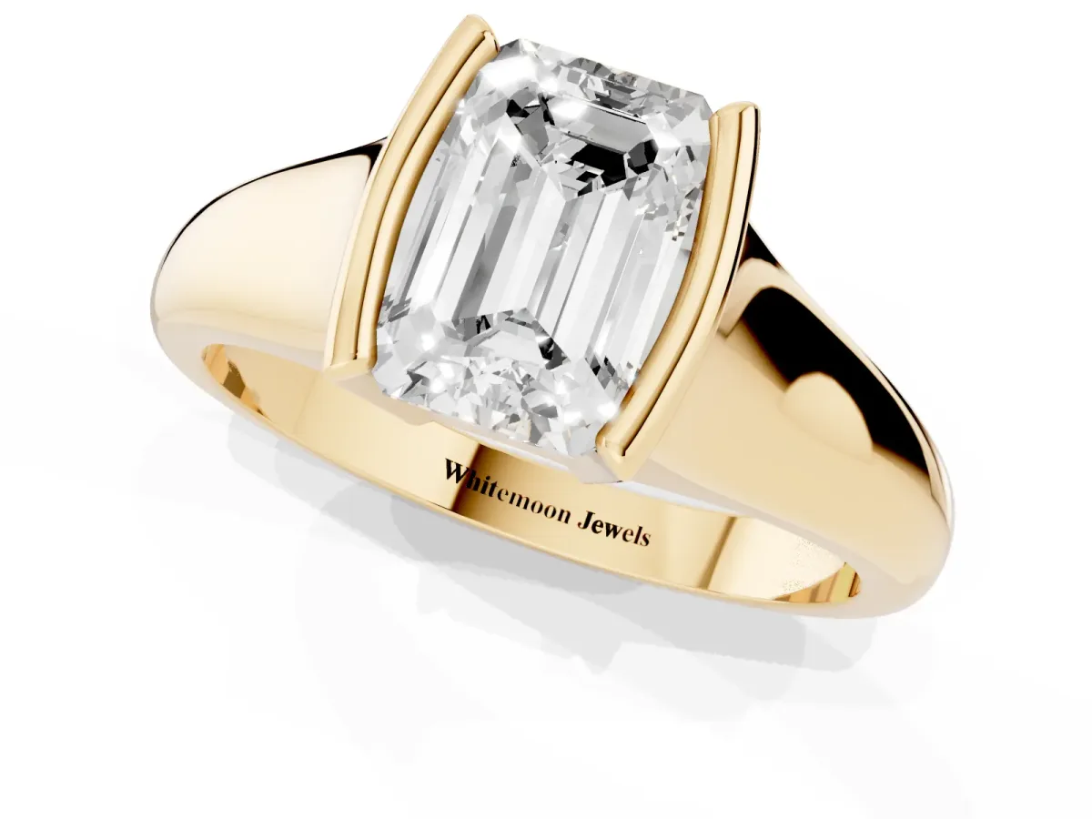 Emerald Cut Solitaire Tension Set Diamond Ring with Split Shank Band Yellow gold