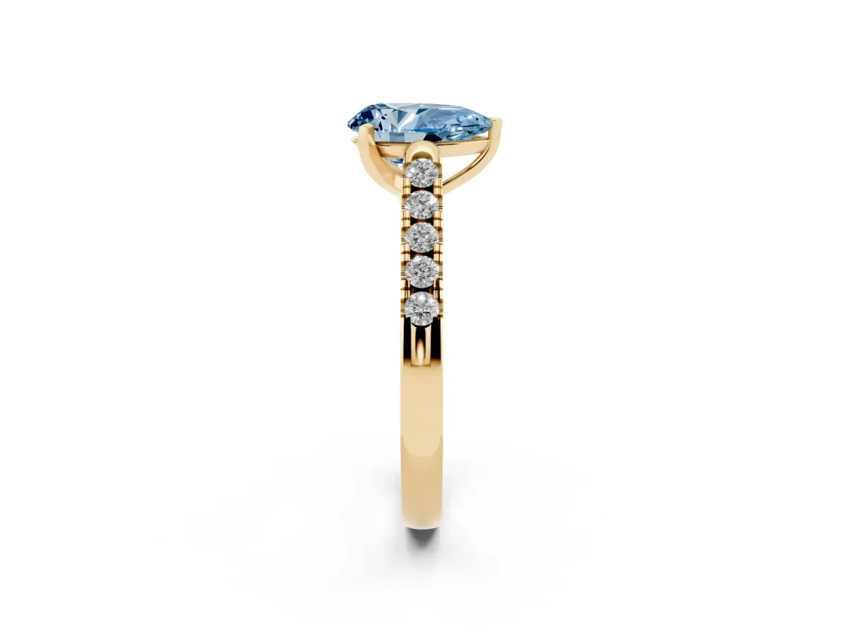Fancy Blue Pear Cut Diamond Pavé Band Solitaire Ring with Prong Setting Yellow gold