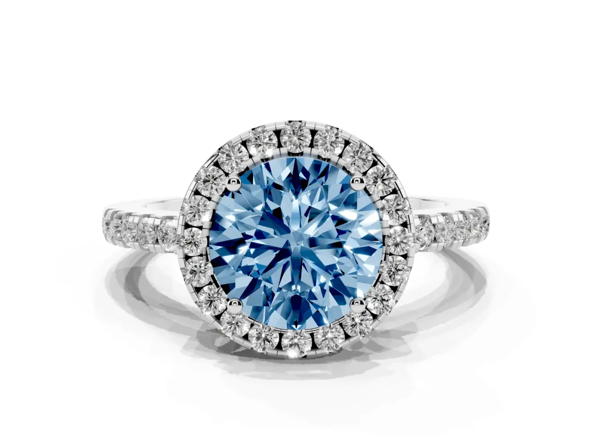 Fancy Blue Round Cut Halo Diamond Engagement Ring with Pavé Band and Four-Prong Setting Platinum