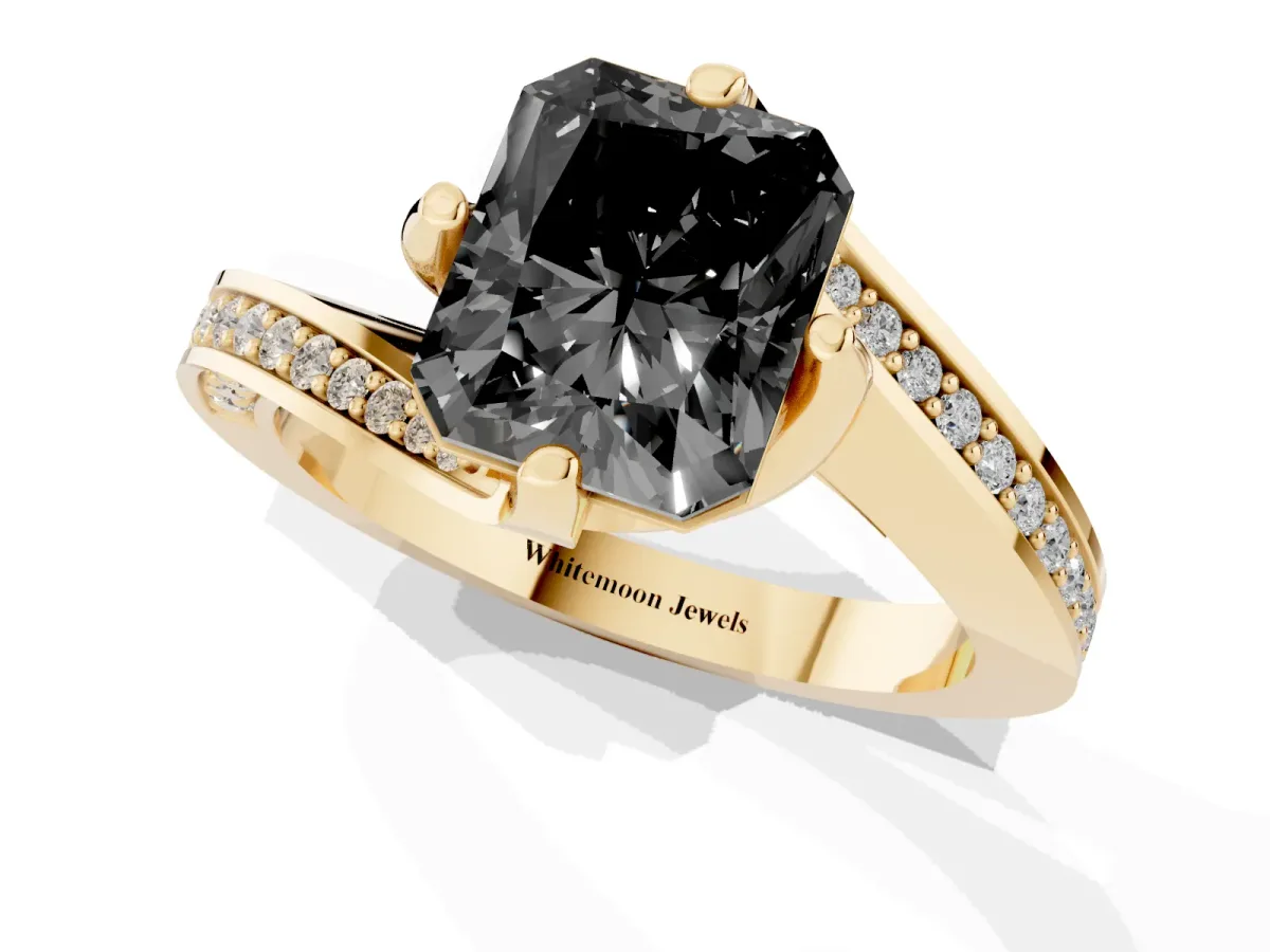 Fancy Black Radiant Cut Solitaire Diamond Twist Band with Pavé Setting and Four-Prong Setting Yellow gold