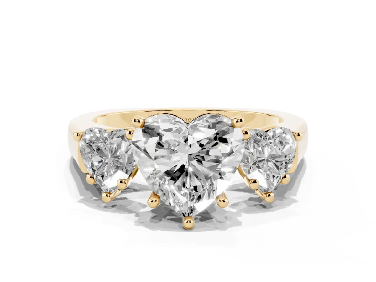 Three-Stone Heart Cut Brilliant Diamond Trellis Ring with Comfort Fit Band Yellow gold