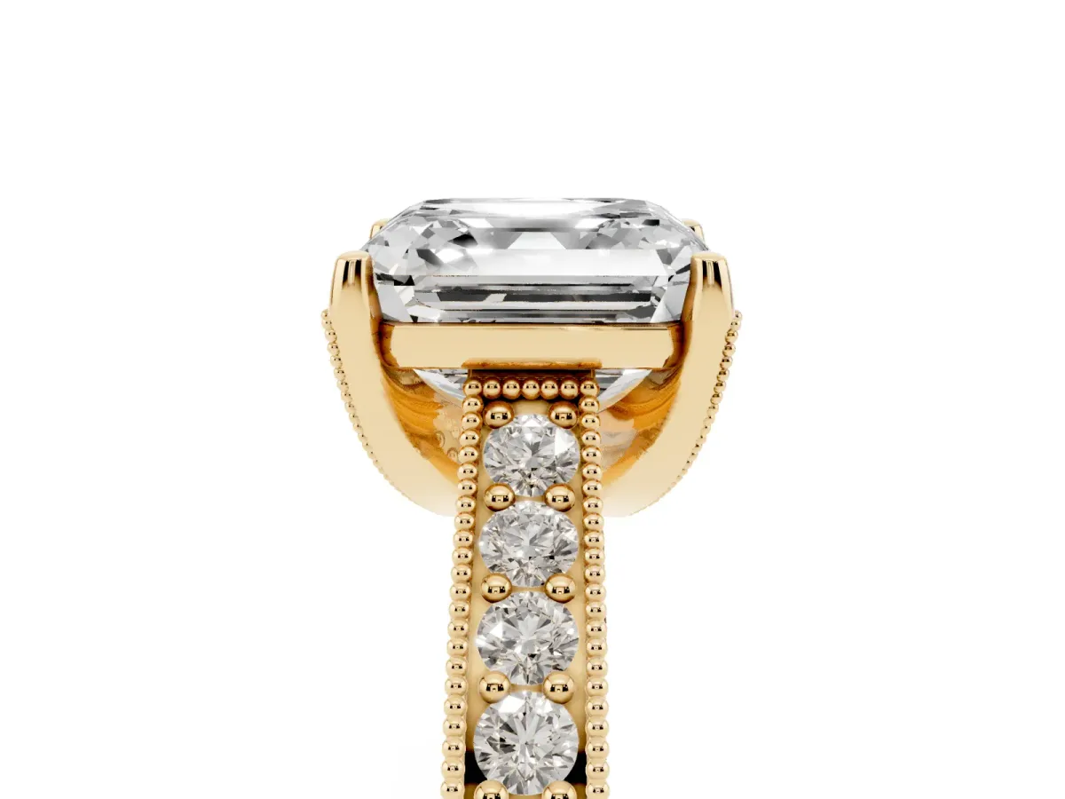 Asscher Cut Cut Diamond Solitaire Ring with Milgrain Pave Band and Four Prong Setting Yellow gold