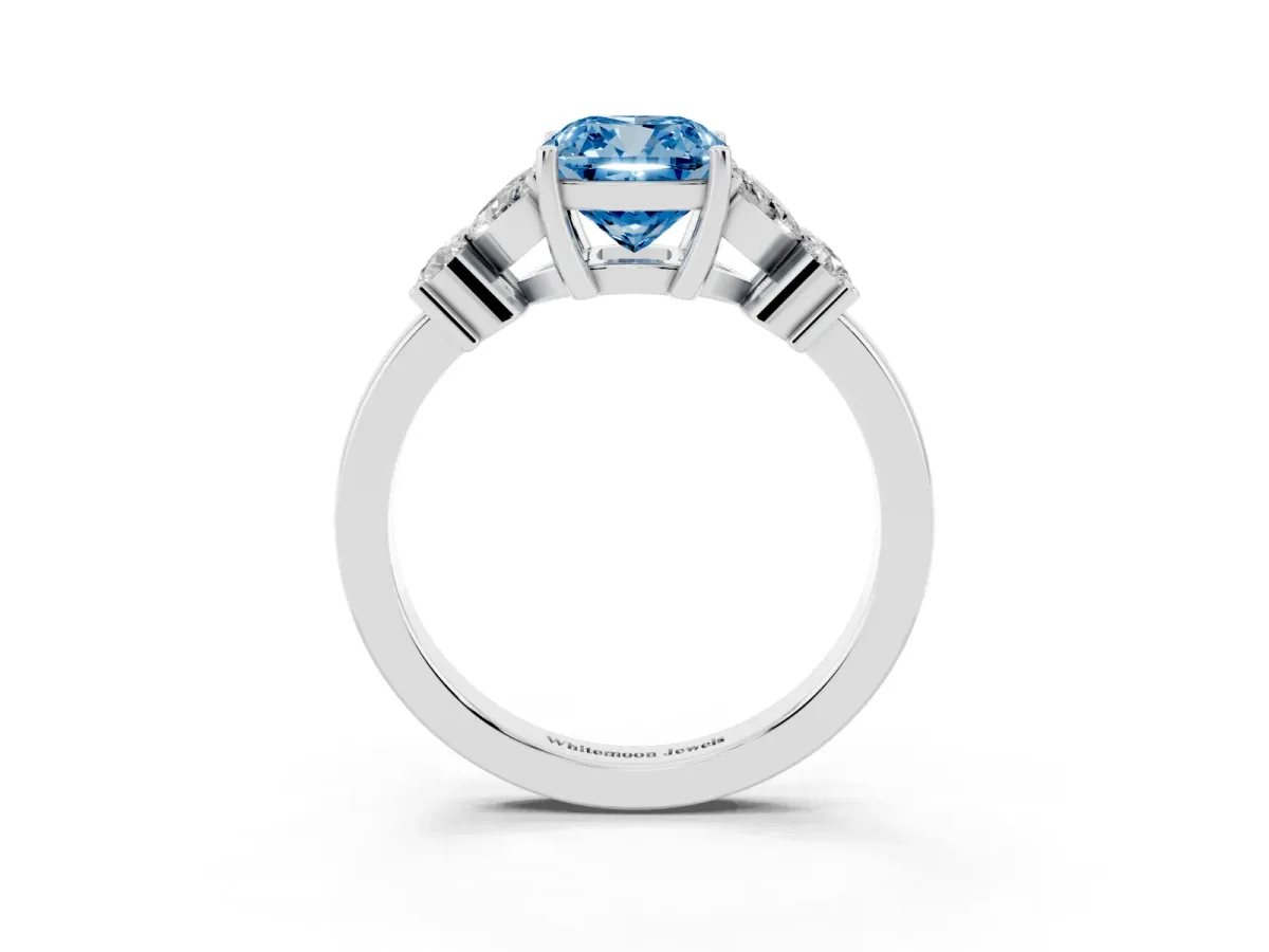 Fancy Blue Cushion Cut Diamond Floral Cluster Ring with Solitaire Band and Prong Setting Silver