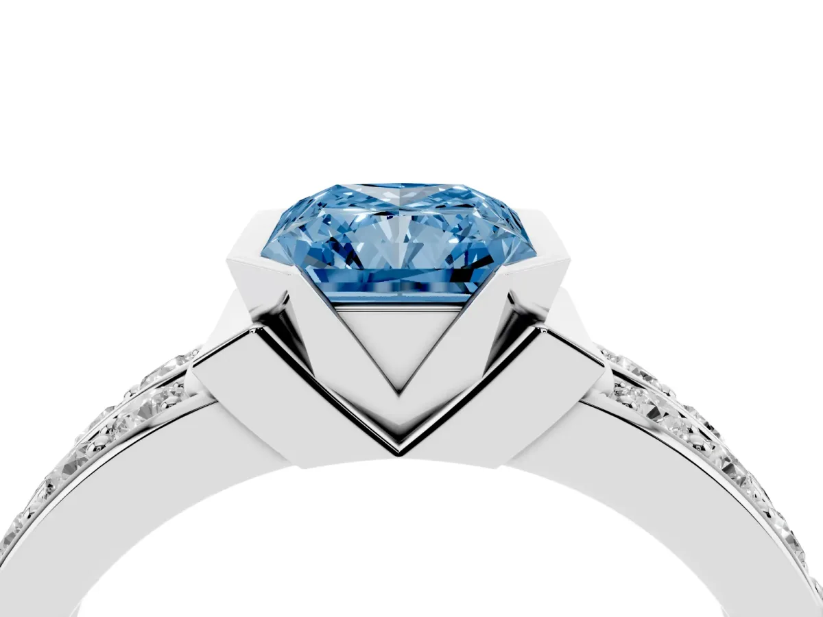 Fancy Blue Radiant Cut Brilliant Diamond Channel Set Wide Band Ring with Bezel Setting Platinum