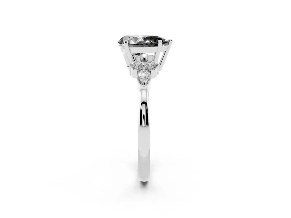 Fancy Black Pear Cut Brilliant Diamond Solitaire Ring with Pear Side Stones and Four-Prong Setting Platinum