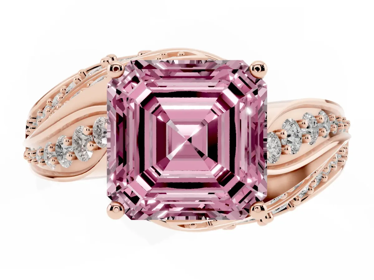 Fancy Pink Asscher Cut Diamond Solitaire Ring with Prong Setting and Twisted Pavé Band Rose gold