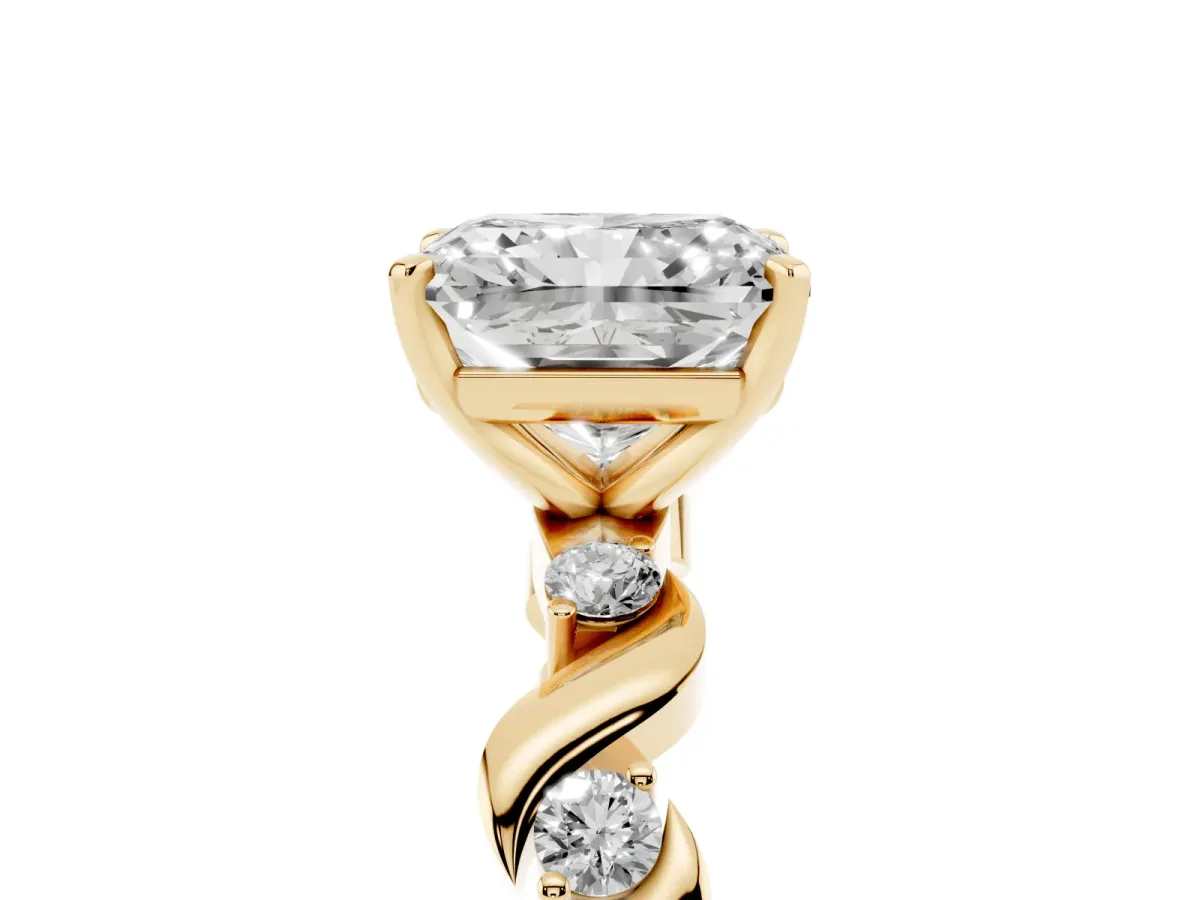 Radiant Cut Diamond Solitaire Twisted Band with Round Accents and Prong Setting Yellow gold