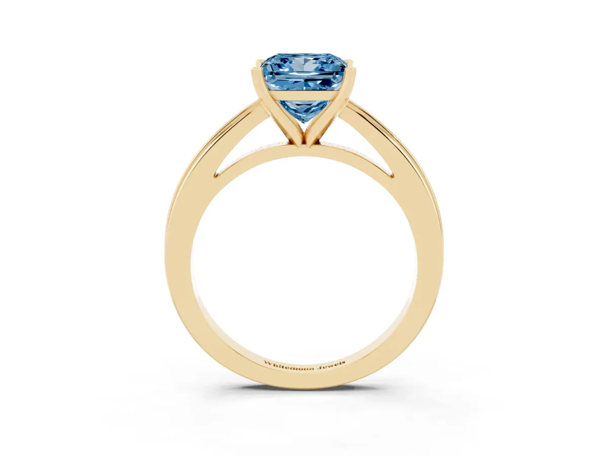 Fancy Blue Princess Cut Solitaire Diamond Ring with Four-Prong Setting and Classic Band Yellow gold