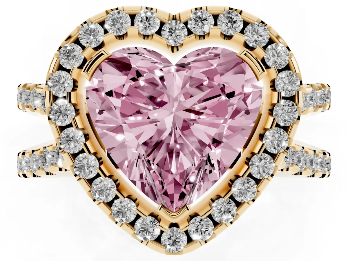 Fancy Pink Heart Cut Diamond Halo Ring with Split Shank Pavé Band and Prong Setting Yellow gold