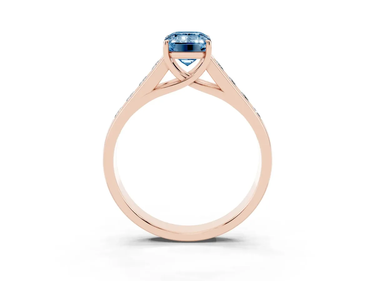 Fancy Blue Emerald Cut Brilliant Channel-Set Solitaire Ring with Four-Prong Setting Rose gold