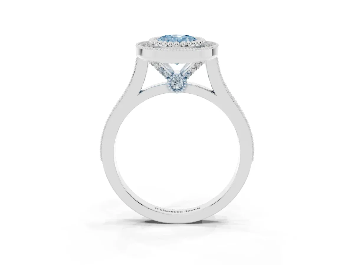 Fancy Blue Oval Cut Diamond Halo Ring with Milgrain Frame and Pavé Band Silver