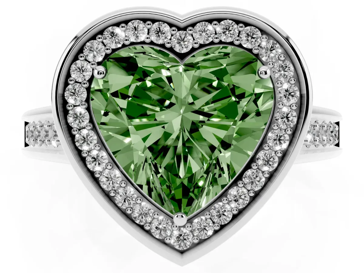 Fancy Green Heart Cut Halo Solitaire Diamond Ring with Pave Band and Bezel Setting Platinum