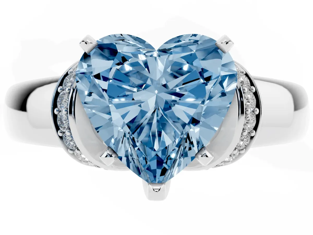 Fancy Blue Heart Cut Solitaire Diamond Ring with Pave Band and Six-Prong Setting Silver