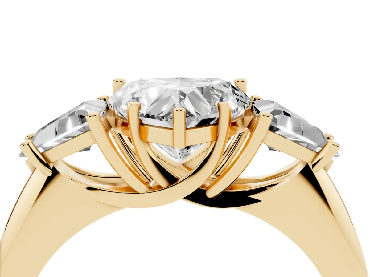 Three-Stone Heart Cut Diamond Engagement Ring with Trillion Side Stones and Prong Setting Yellow gold