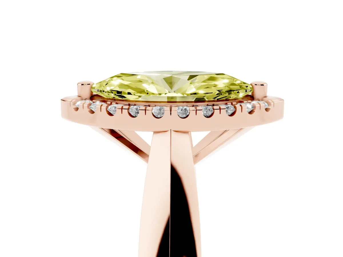 Fancy Yellow Marquise Cut Cut Halo Solitaire Engagement Ring with Square Band and Four-Prong Setting Rose gold