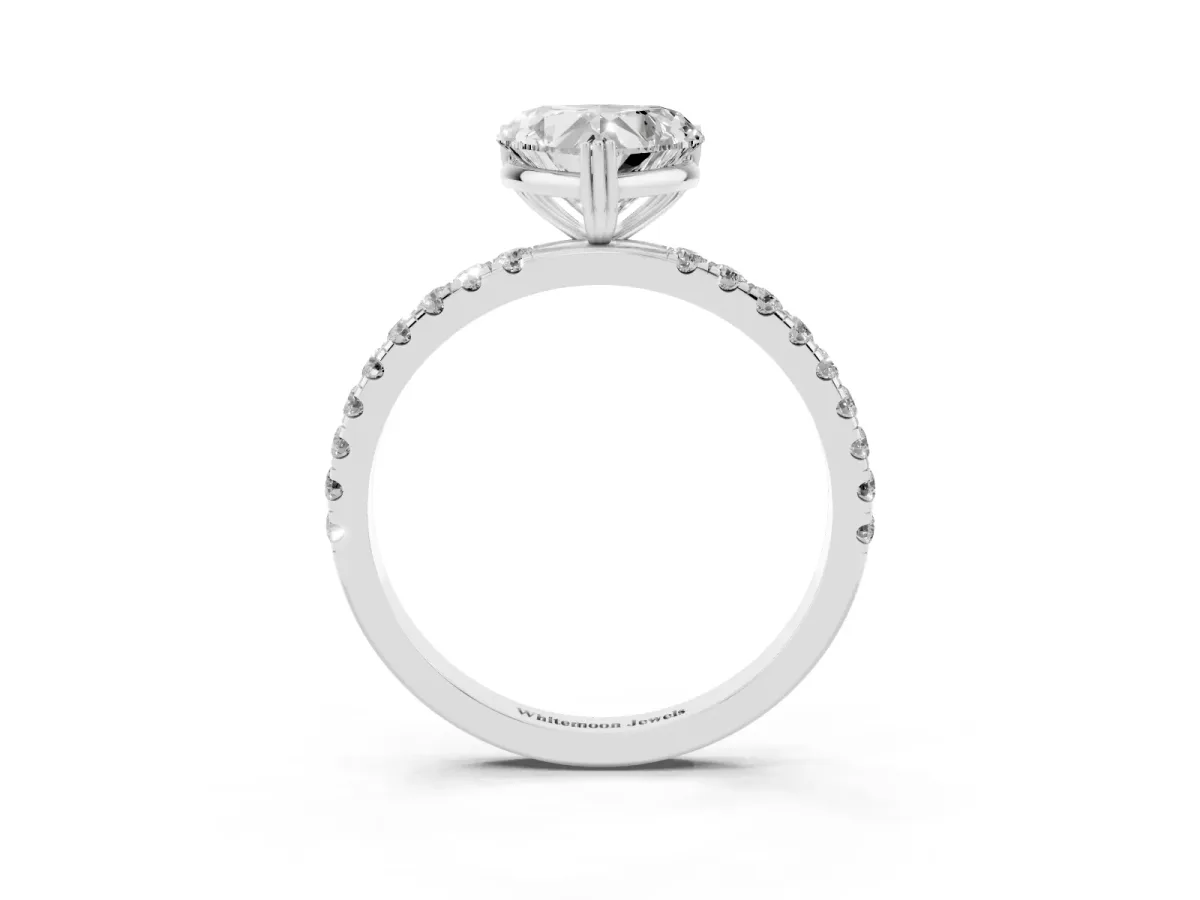 Heart Cut Brilliant Solitaire with Pavé Band and Claw Prong Setting Silver