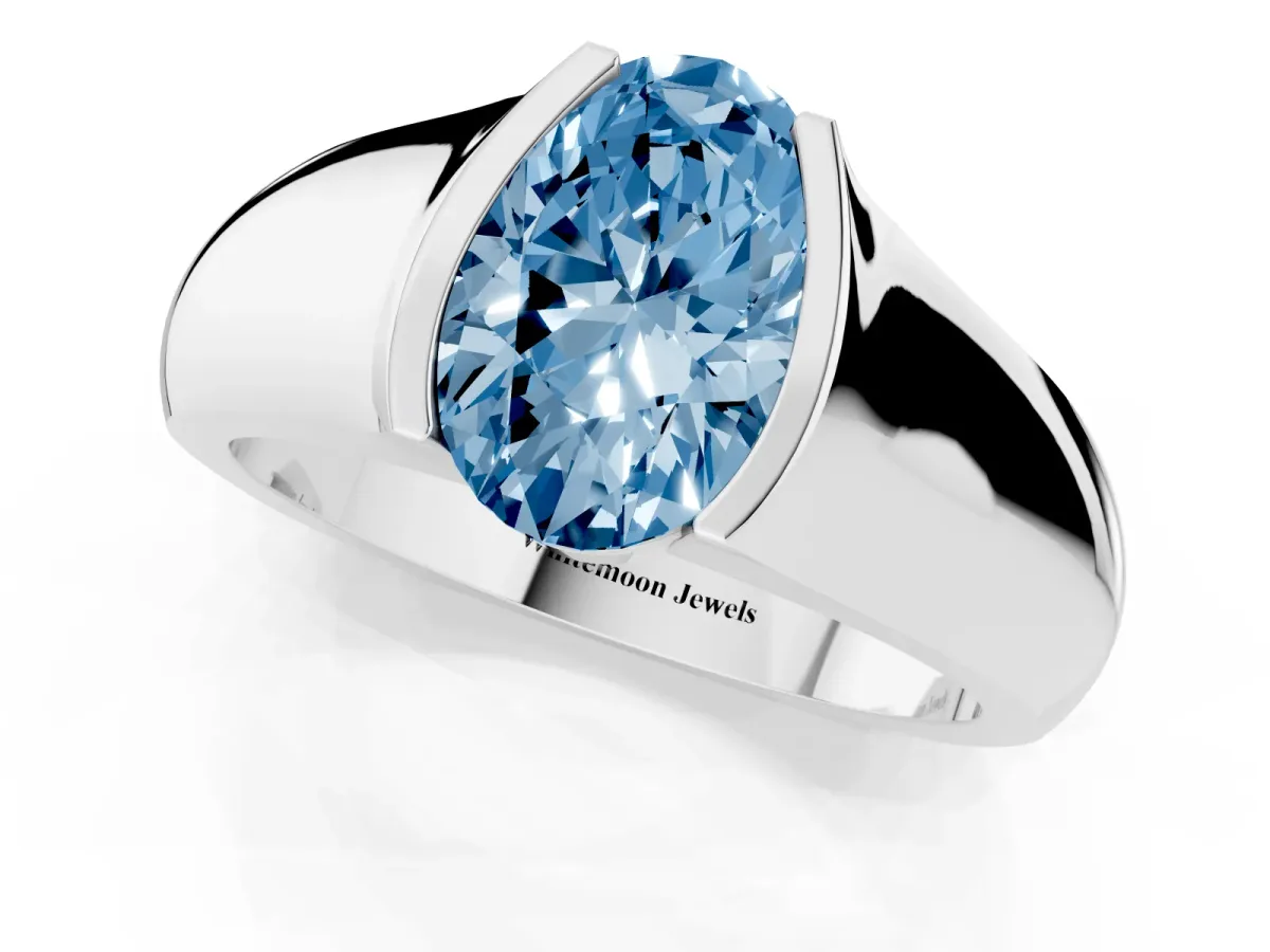 Fancy Blue Oval Cut Solitaire Bezel Set Diamond Ring with Wide Band Silver