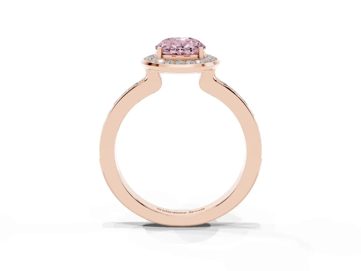 Fancy Pink Oval Cut Diamond Halo Ring with Bezel Frame and Pavé Band Rose gold