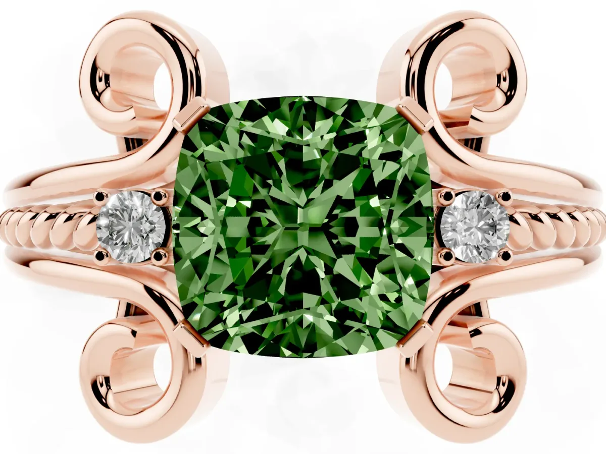 Fancy Green Cushion Cut Solitaire Twisted Band Scroll Prong Ring Rose gold