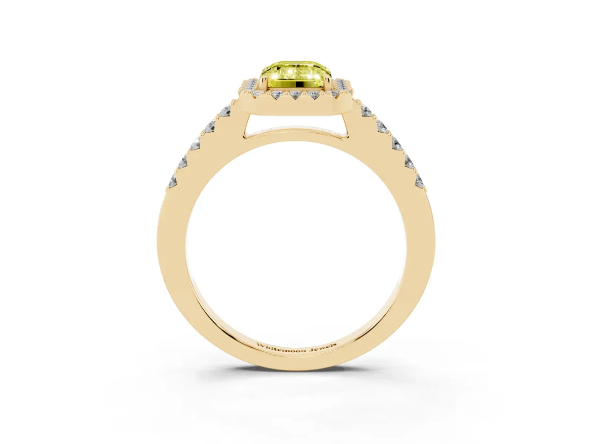 Fancy Yellow Emerald Cut Halo Diamond Pavé Solitaire Ring Yellow gold